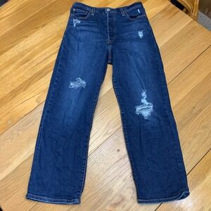 Levi's Ribcage Straight Ankle Jeans Women's 29 Dark Wash Distressed Button Fly‎